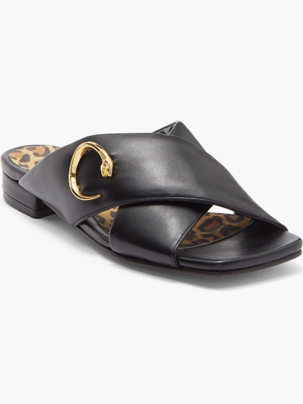 Roberto Cavalli Black Leather Crisscross Slide with Gold Snake Accent - Picture 1 of 2